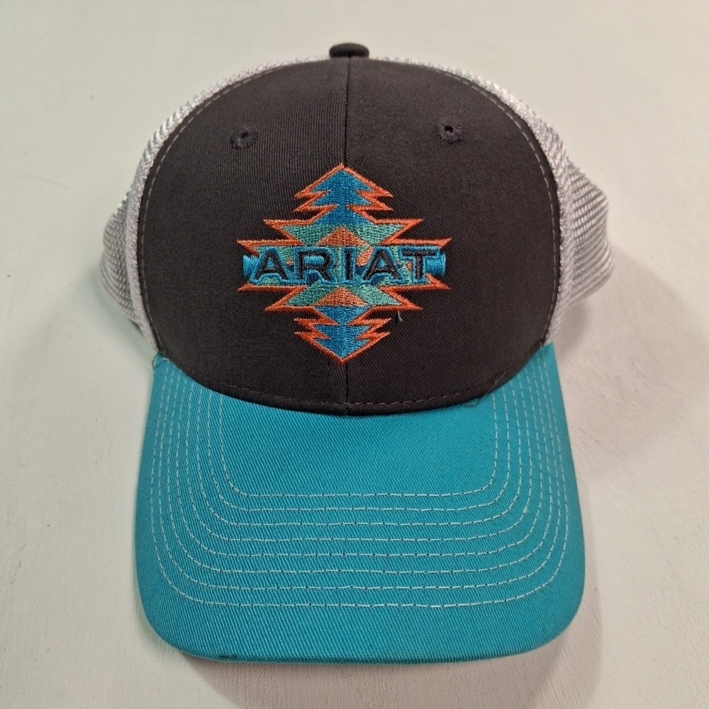Ariat Womens Trucker Hat Snapback Mesh Back Southwestern Logo Grey Teal Cap